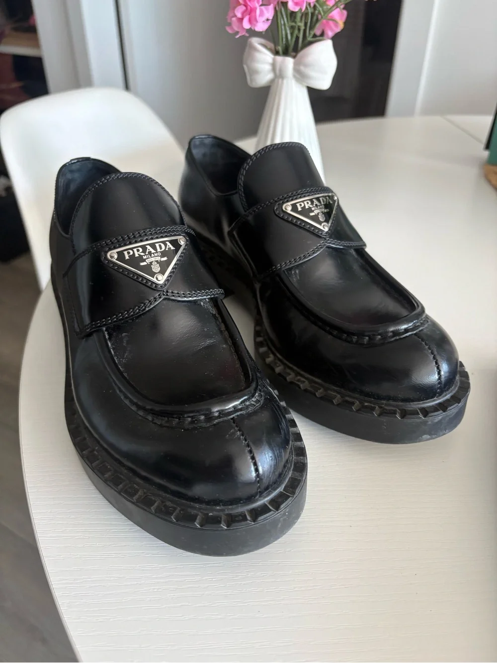 Prada Black Leather Penny Loafers with Silver Triangle Logo - Picture 3 of 12